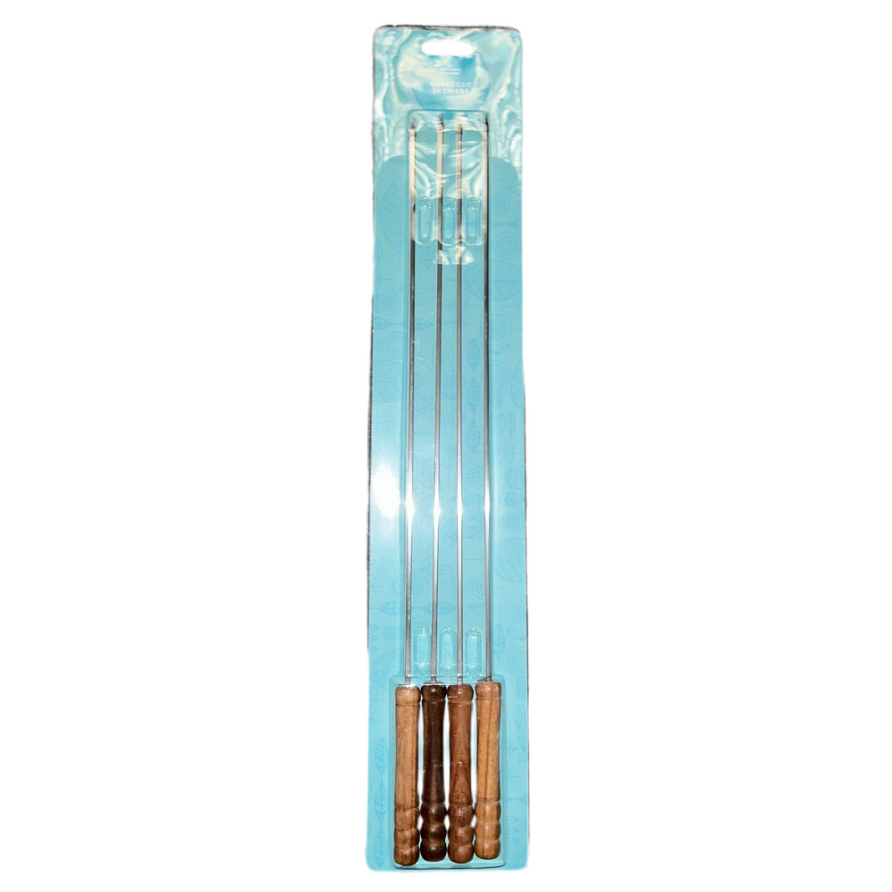 BBQ skewers set of 4, 45cm long, 3mm steel shafts with wooden handles for grilling.