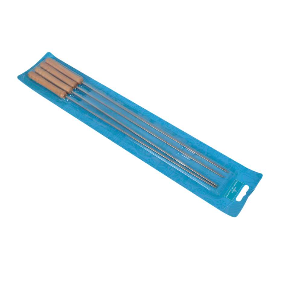 Set of 4 BBQ skewers, 45cm length, 3mm steel shafts, wooden handles for grilling.