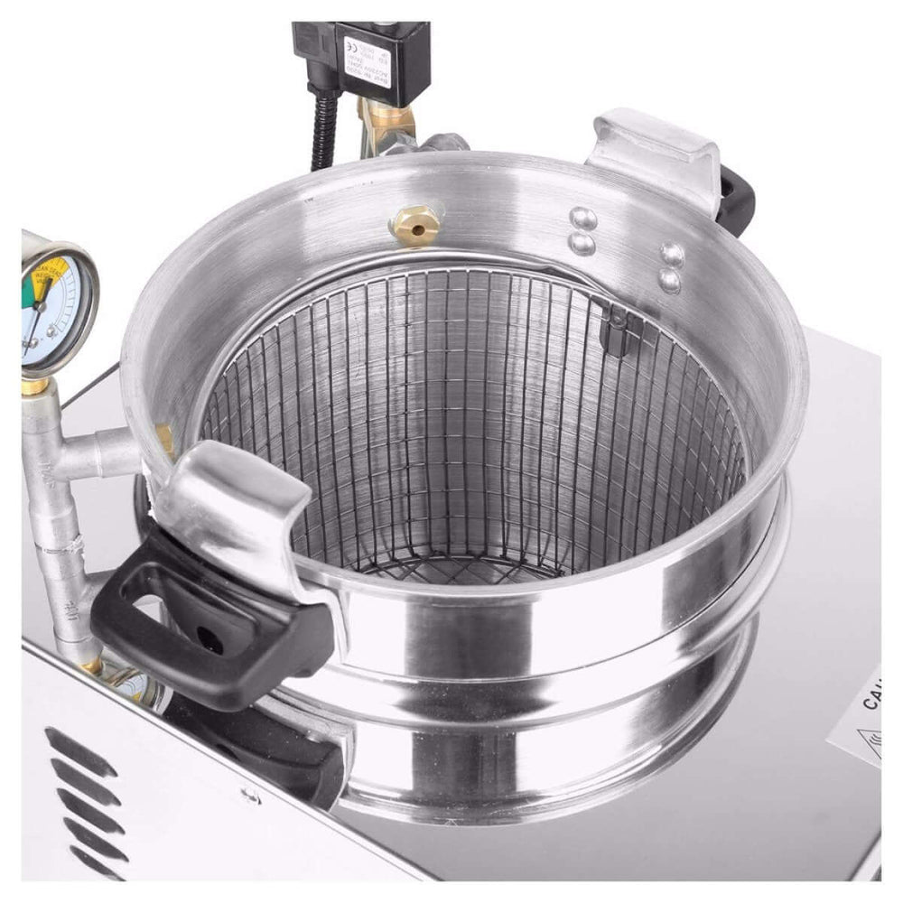 KRD Commercial Pressure Fryer 16 Litres Electric Countertop 3kW MZ16 interior view with stainless steel basket and gauge.