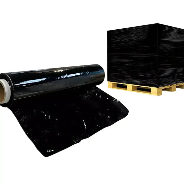 Black heavy duty stretch film roll next to a pallet wrapped for protection and stability.