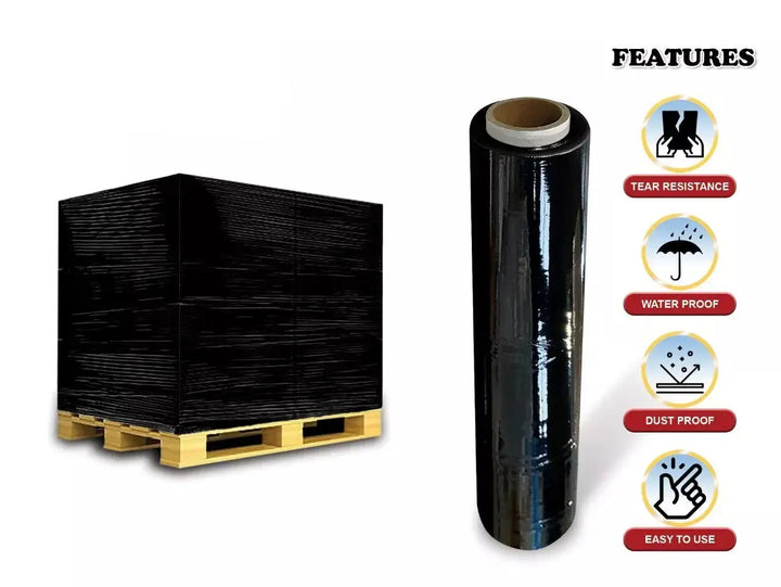 6 rolls of black heavy-duty stretch film next to a pallet wrapped securely, showing features like tear and water resistance.