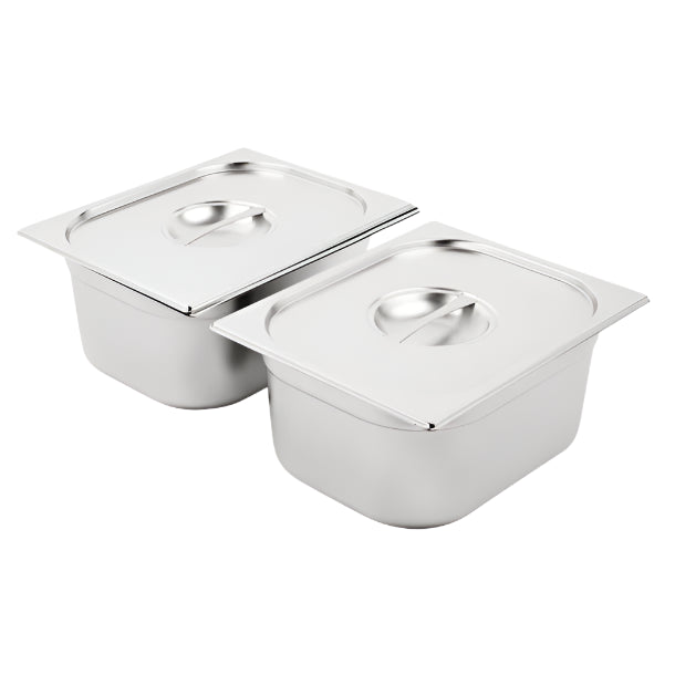 Stainless steel gastronorm pan GN 1/2 depth 150mm set with two lids for food storage.