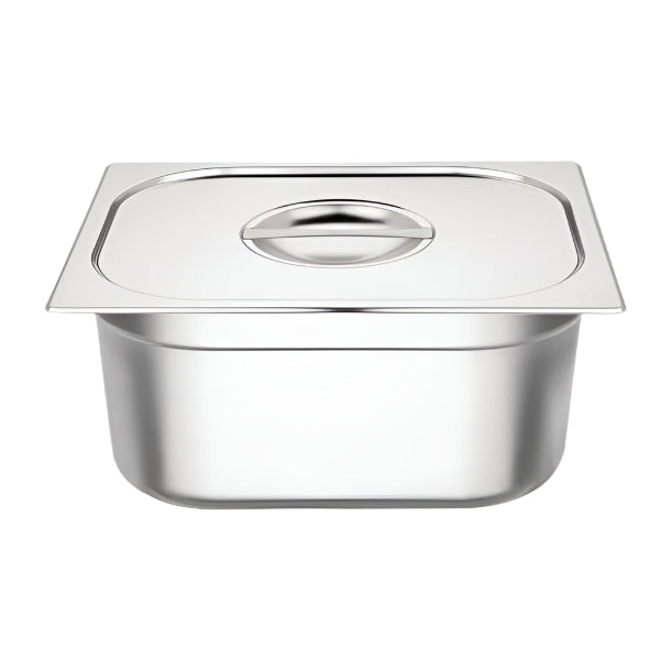 Stainless steel gastronorm pan GN 1/2 depth 150mm with a lid, ideal for food storage and preparation.