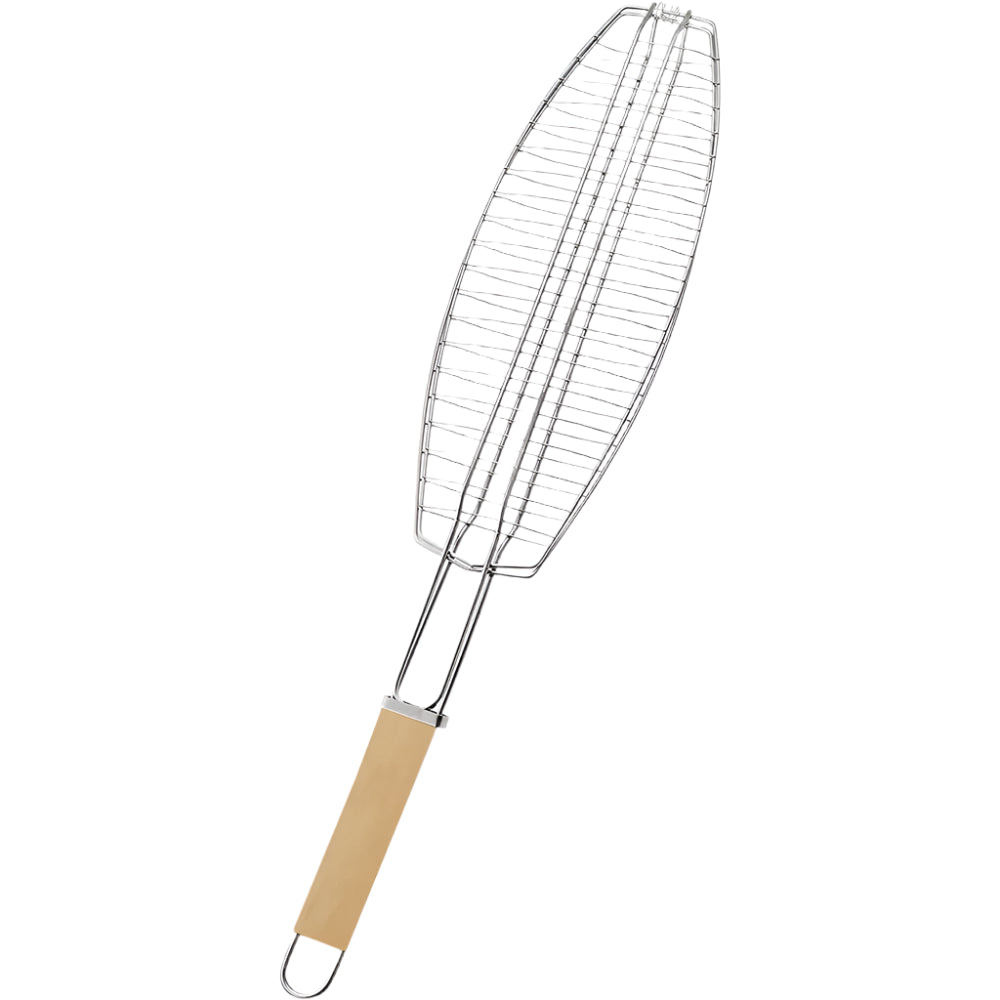 Stainless steel BBQ fish grill with wood handle, 70cm x 13cm, designed for safe grilling over heat.