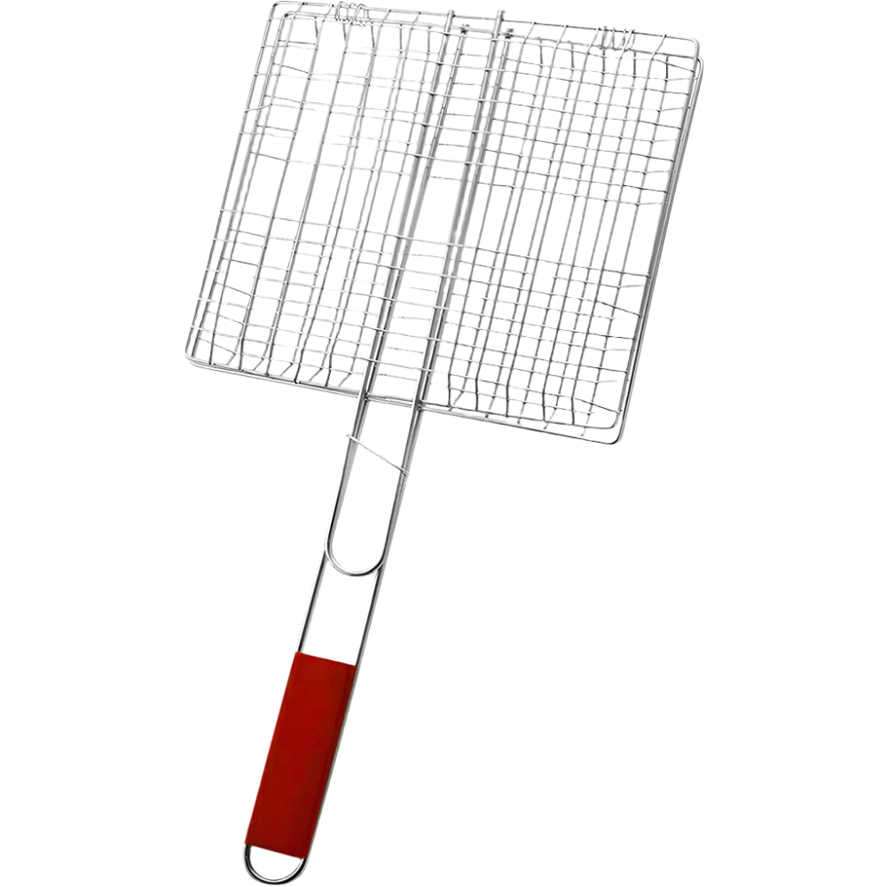 Stainless steel BBQ grill 50x35cm with long handle for safe cooking over hot grills.