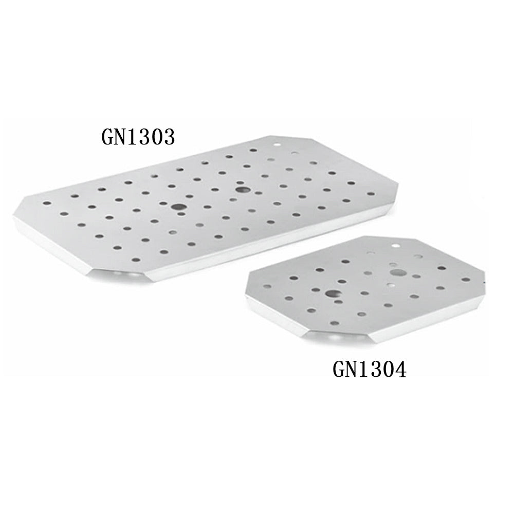 Stainless steel drain shelves GN1303 and GN1304, dimensions 460x270mm and smaller, lightweight and stackable.