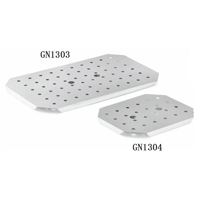 Stainless steel drain shelves GN1303 and GN1304, dimensions 460x270mm and smaller, lightweight and stackable.