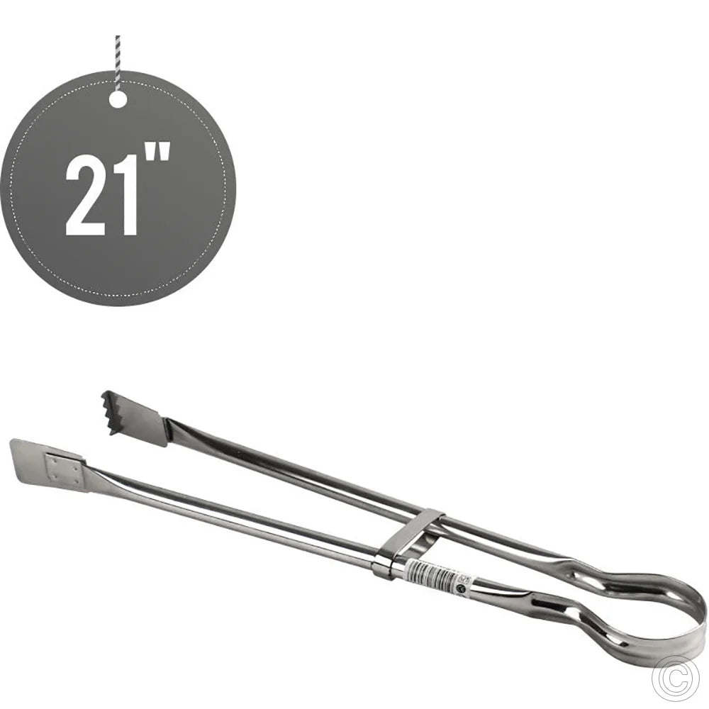 Stainless steel steak tongs, 21 inches long, designed for grilling meat with saw teeth for grip.