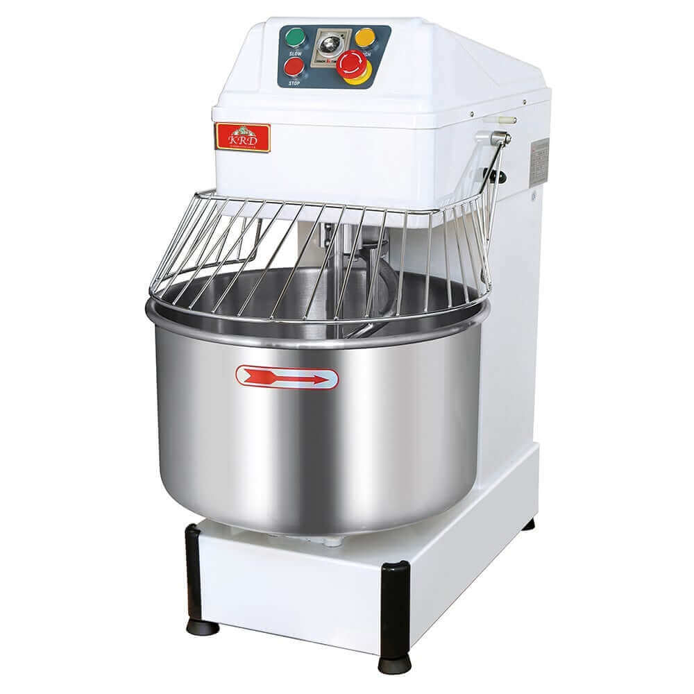 KRD Professional Spiral Dough Mixer 50 Litres with fixed head, fixed bowl, and 2-speed settings in a commercial kitchen setting.