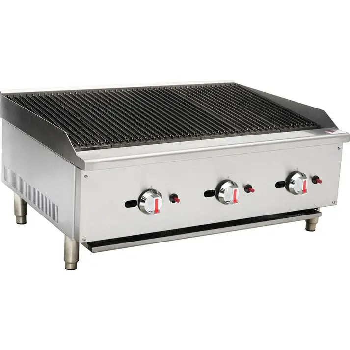 KRD Professional gas chargrill with 3 burners, 22.5kW power, designed for efficient heat and cooking.