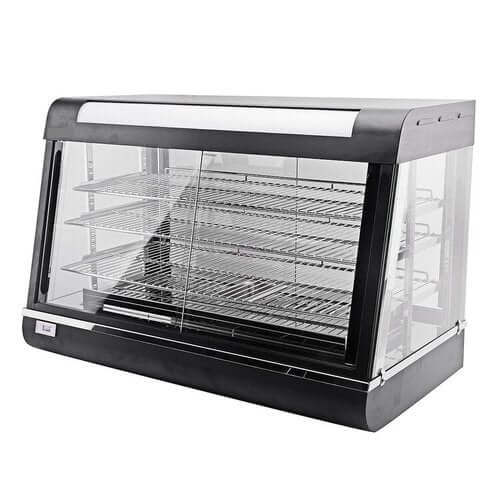 KRD Commercial Heated showcase food warmer 90cm with 3 shelves HW602, displaying hot food products.
