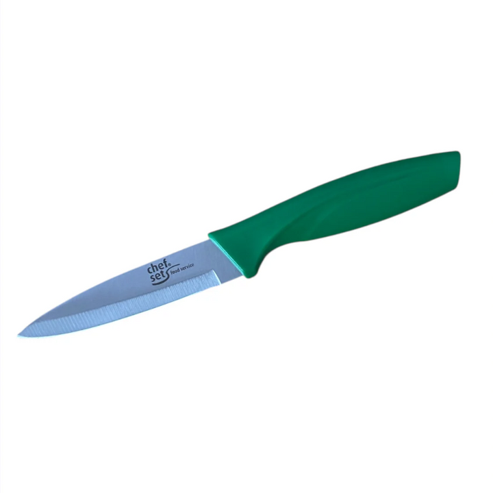 Colour Coded 4" Vegetable Knife Coloured 10cm with stainless steel blade and ergonomic green handle for precision vegetable preparation.