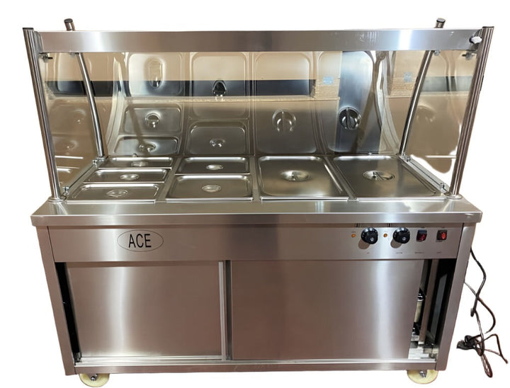 KRD Professional Glass Bain Marie Showcase Heated Display 180cm Hot Cupboard 5xGN1/1