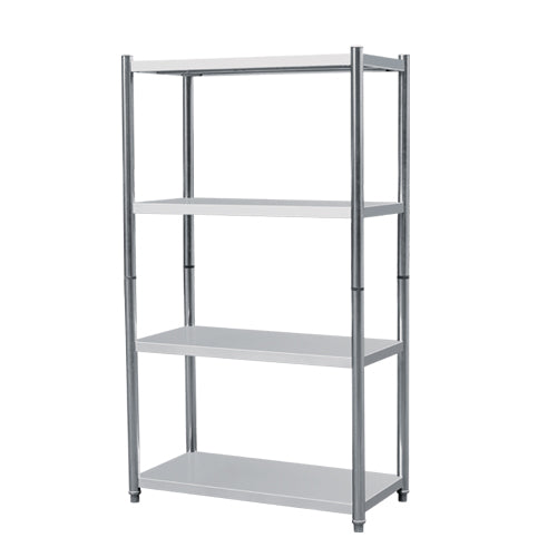 Heavy duty stainless steel shelving unit with four shelves, ideal for kitchens and storage areas.