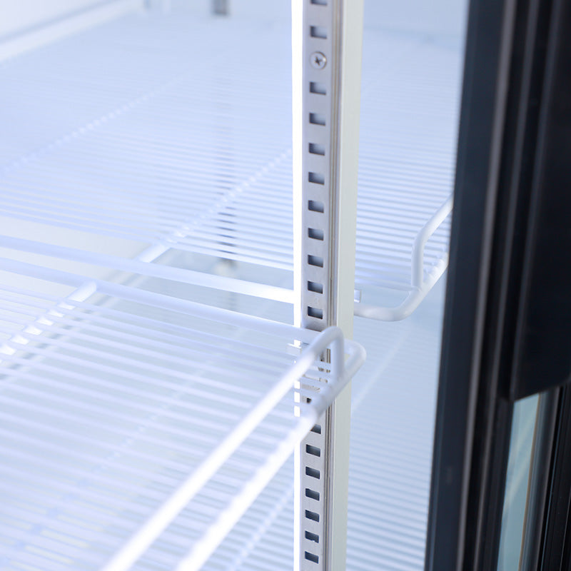 Interior view of KRD Commercial Double Bottle Cooler Fridge 2 Sliding Glass Door 108cm LGF800S with adjustable wire shelves.