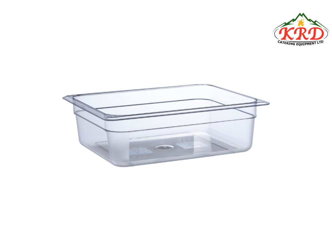 KRD Essentials Polypropylene 1/2 Gastronorm Pan 100mm, clear plastic food storage container for hygiene and convenience.