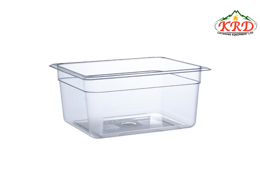 KRD Essentials Polypropylene 1/2 Gastronorm Pan 150mm, clear plastic container for food storage.