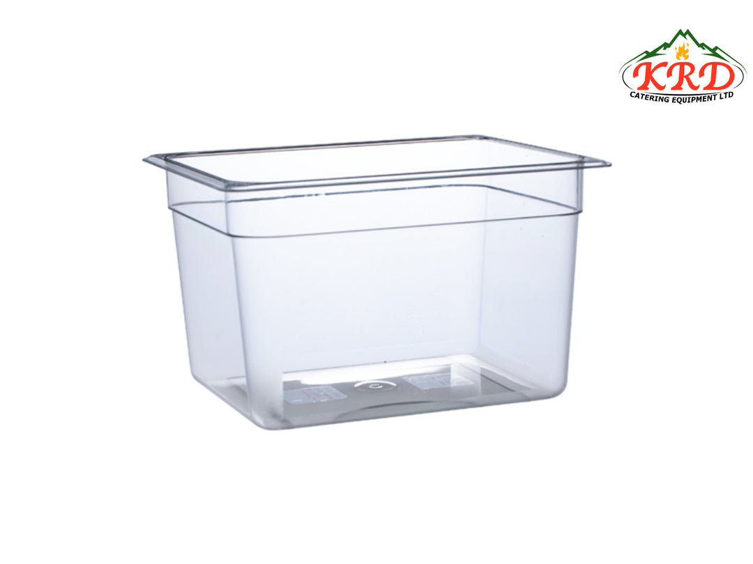 KRD Essentials Polypropylene 1/2 Gastronorm Pan 200mm clear storage container with lid.