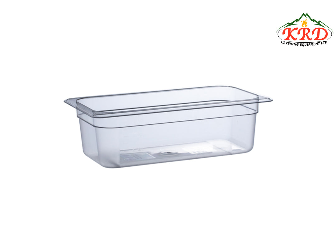 KRD Essentials Polypropylene 1/3 Gastronorm Pan 100mm clear container for safe food storage.