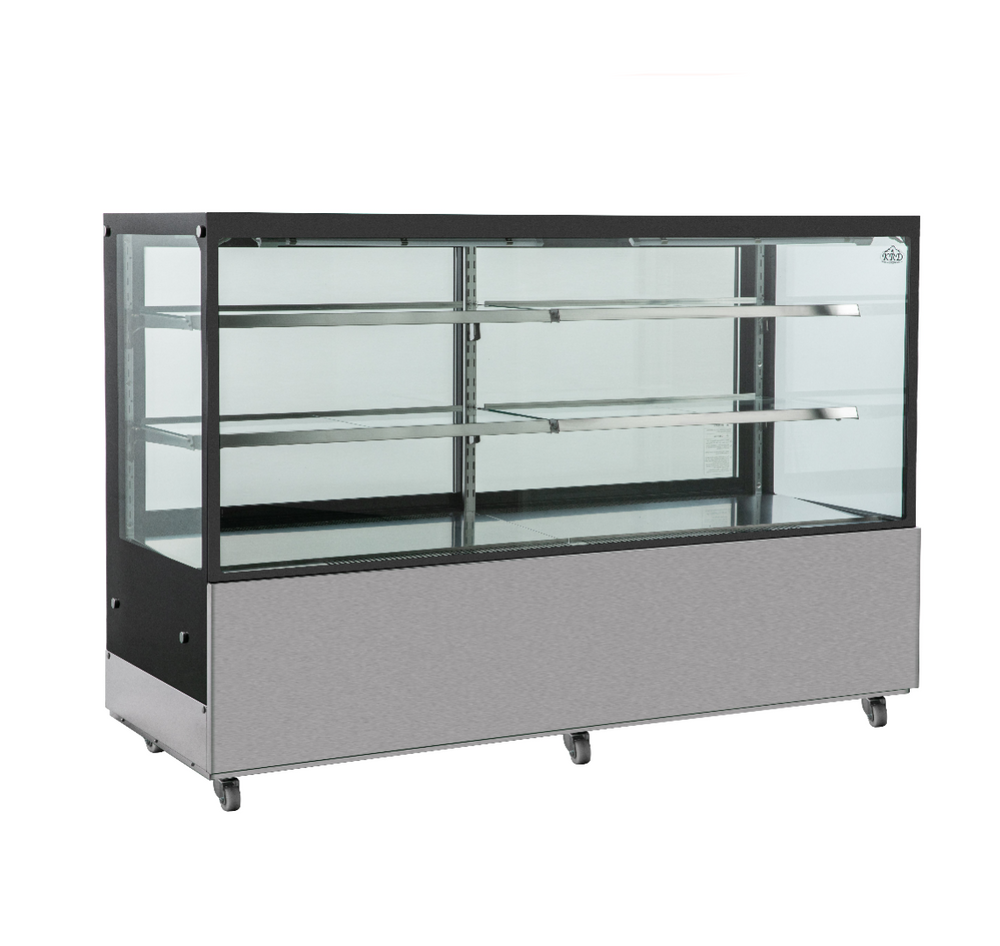 Display case with glass front and black frame on a white background