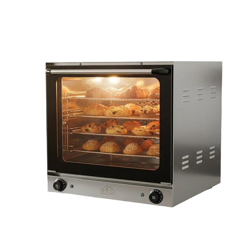 KRD Commercial Convection Oven with Steam Perspective convection oven 2.6KW KR-4A baking pastries in stainless steel interior