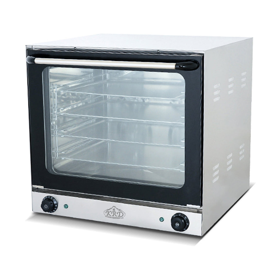KRD Commercial Convection Oven with Steam Perspective convection oven 2.6KW KR-4A, featuring a large-capacity cavity and stainless steel interior.