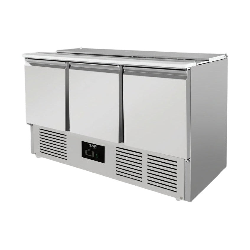 Commercial 3 Door Prep Counter Fridge Saladette Table 4xGN1/1 Pans in stainless steel for efficient restaurant kitchen use.