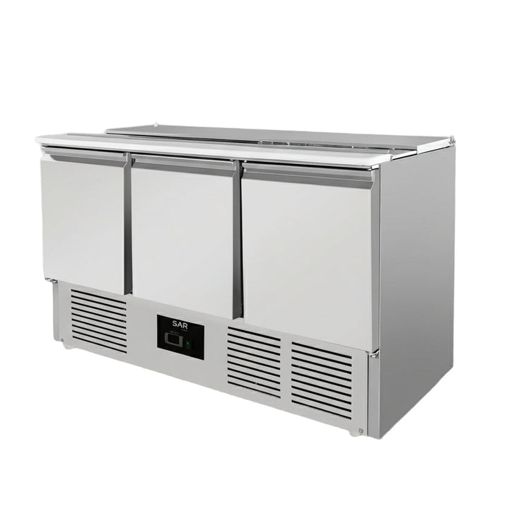 Commercial 3 Door Prep Counter Fridge Saladette Table 4xGN1/1 Pans in stainless steel for efficient restaurant kitchen use.