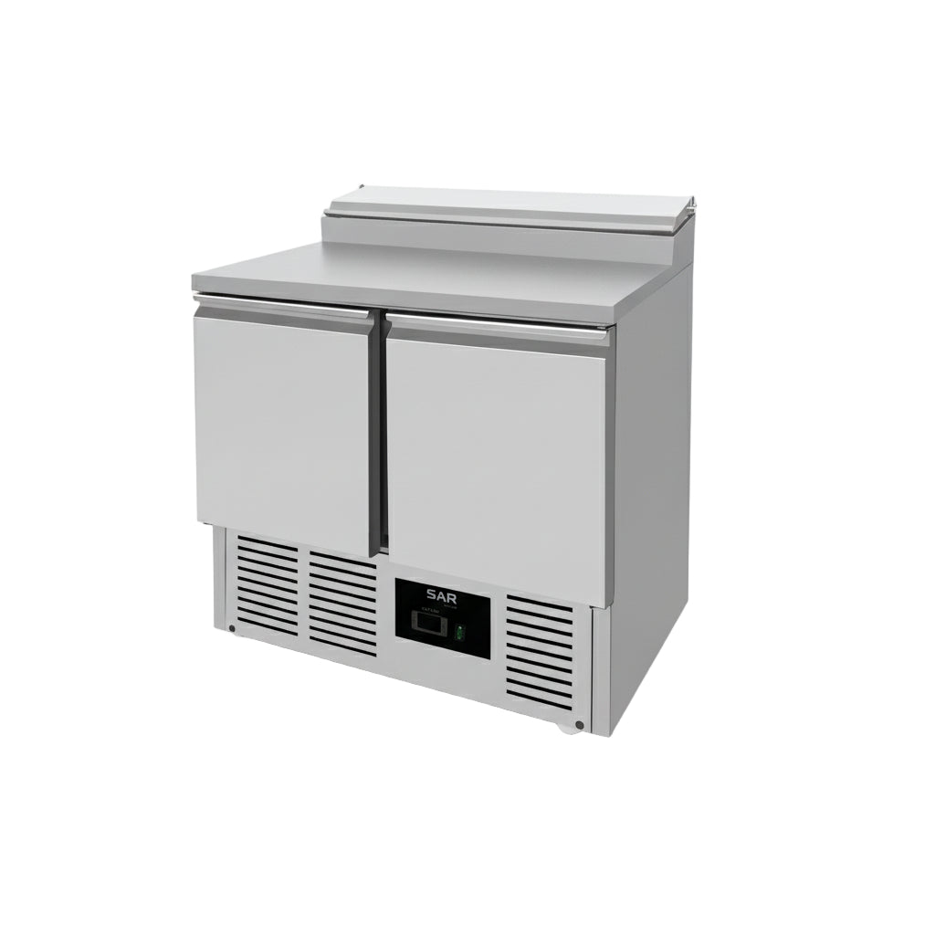 Refrigerated Prep Table 2 doors Sandwich Top Saladette 5xGN1/6 with stainless steel construction for commercial kitchen use.