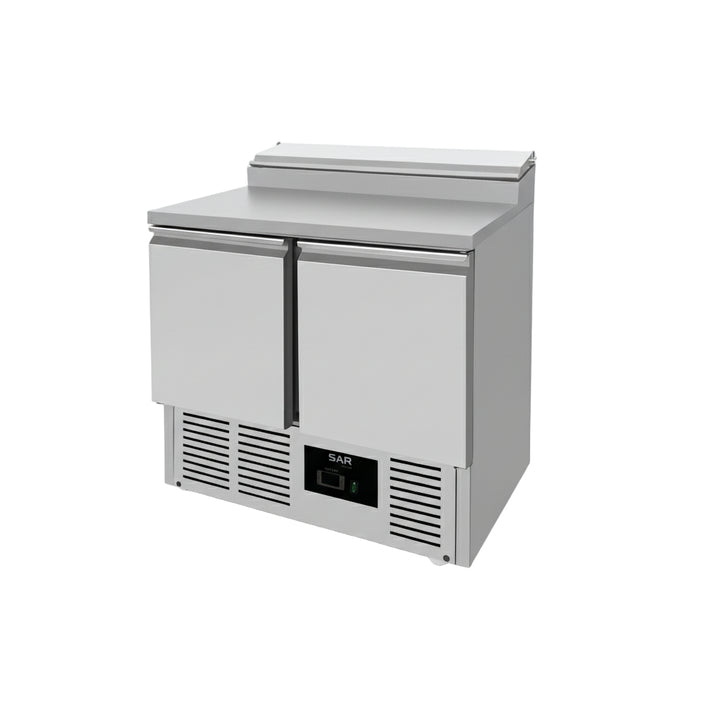 Refrigerated Prep Table 2 doors Sandwich Top Saladette 5xGN1/6 with stainless steel construction for commercial kitchen use.