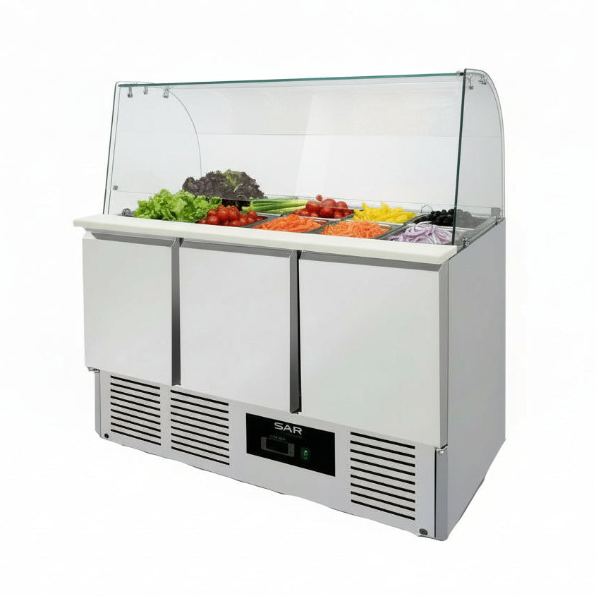 KRD Commercial Saladette Fridge Glass top 3 doors with stainless steel, ideal for commercial kitchen equipment, catering use.