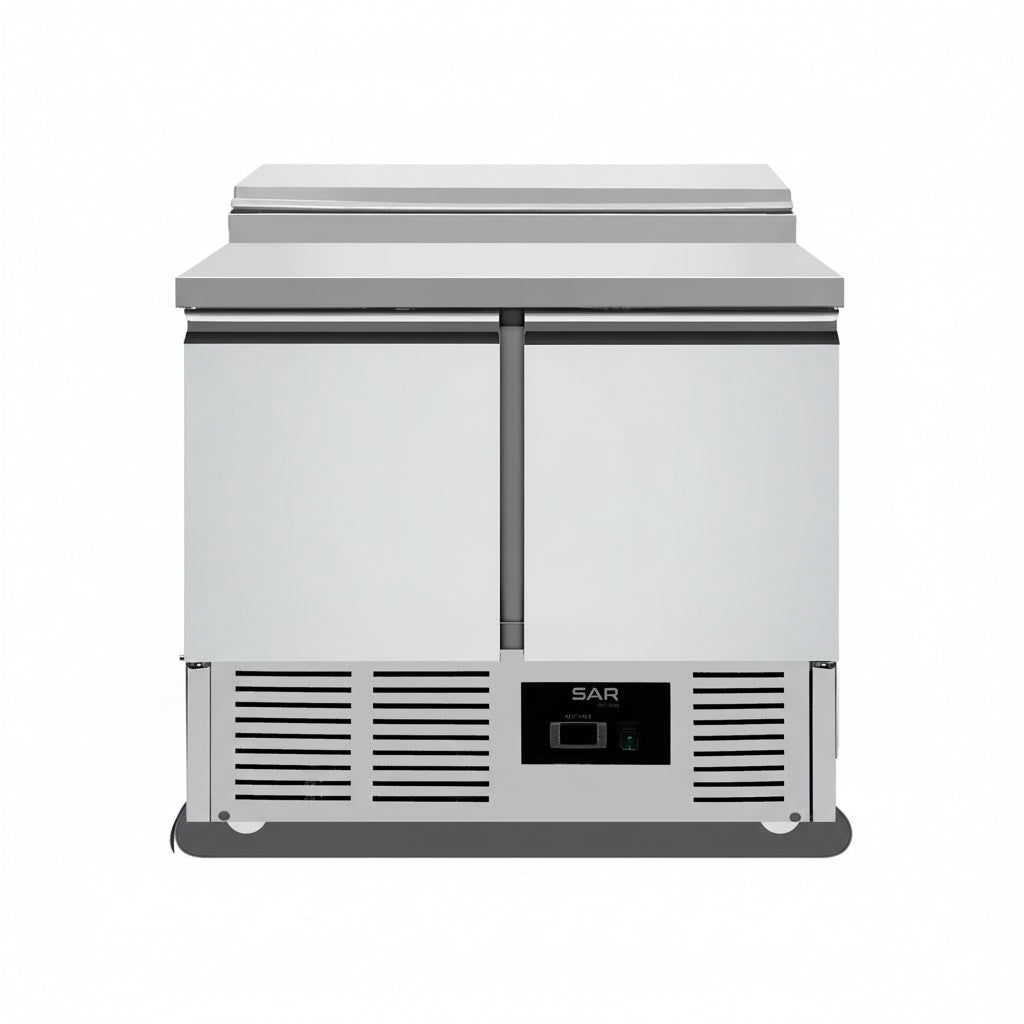 Refrigerated Prep Table 2 doors Sandwich Top Saladette 5xGN1/6, stainless steel commercial kitchen equipment for restaurant use.