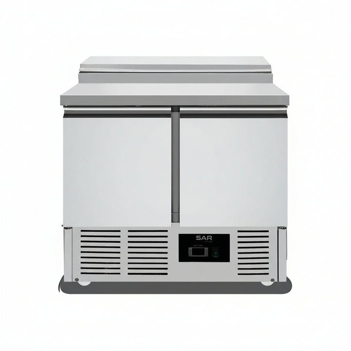 Refrigerated Prep Table 2 doors Sandwich Top Saladette 5xGN1/6, stainless steel commercial kitchen equipment for restaurant use.