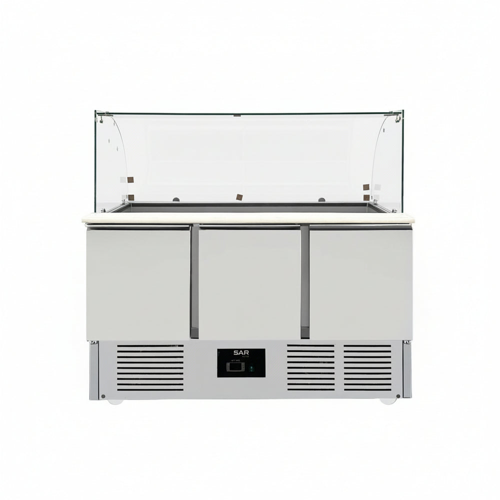 KRD Commercial Saladette Fridge Glass top 3 doors, stainless steel construction, three doors, glass top, ideal for commercial kitchens.