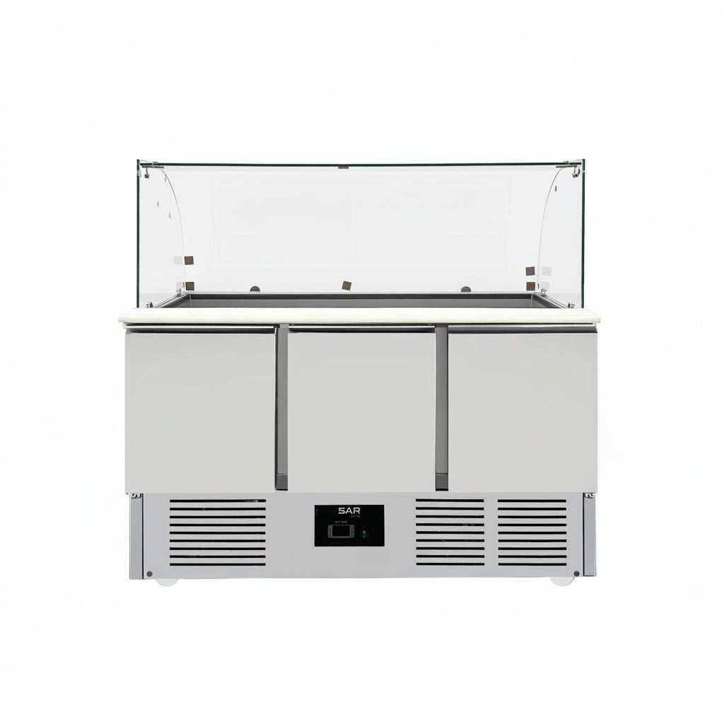 KRD Commercial Saladette Fridge Glass top 3 doors, stainless steel construction, three doors, glass top, ideal for commercial kitchens.