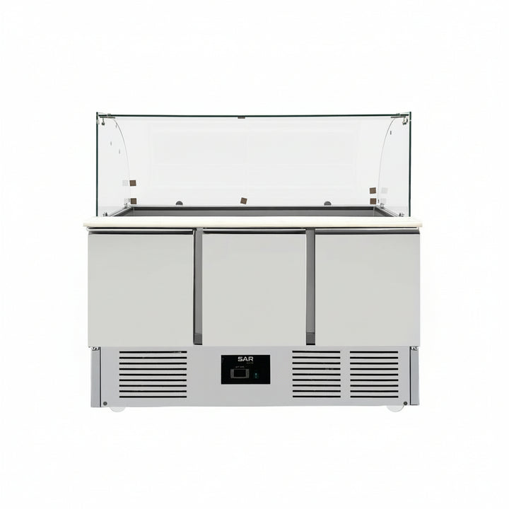 KRD Commercial Saladette Fridge Glass top 3 doors, stainless steel construction, three doors, glass top, ideal for commercial kitchens.
