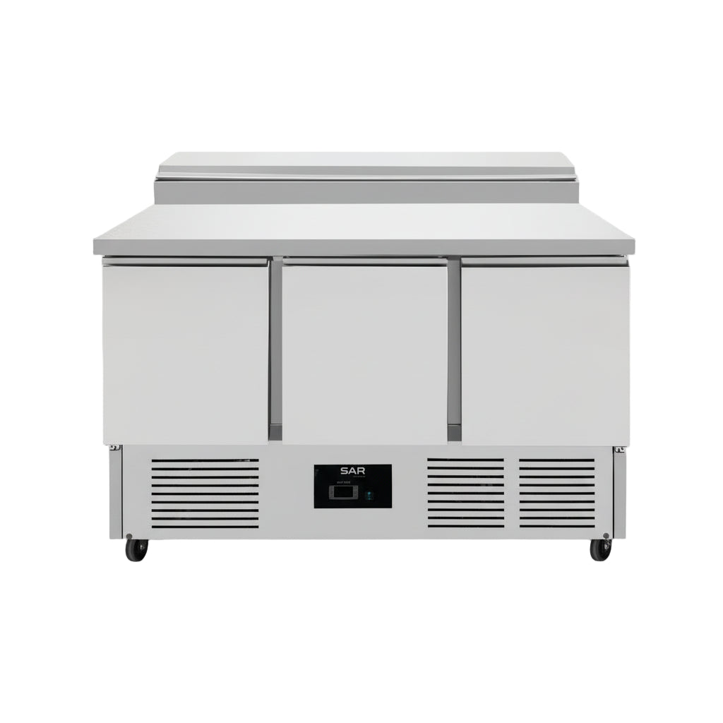 KRD Refrigerated Prep Table 3 doors Sandwich top 8xGN1/6 commercial kitchen equipment with stainless steel design and ample storage space.