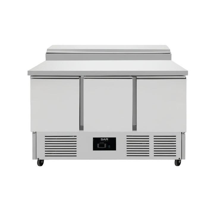 KRD Refrigerated Prep Table 3 doors Sandwich top 8xGN1/6 commercial kitchen equipment with stainless steel design and ample storage space.