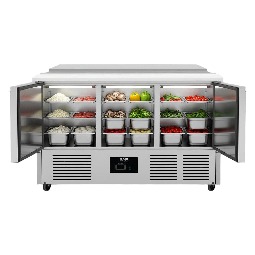 Commercial 3 Door Prep Counter Fridge Saladette Table 4xGN1/1 Pans featuring stainless steel design and organized condiment storage.