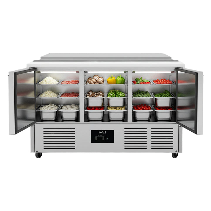 Commercial 3 Door Prep Counter Fridge Saladette Table 4xGN1/1 Pans featuring stainless steel design and organized condiment storage.