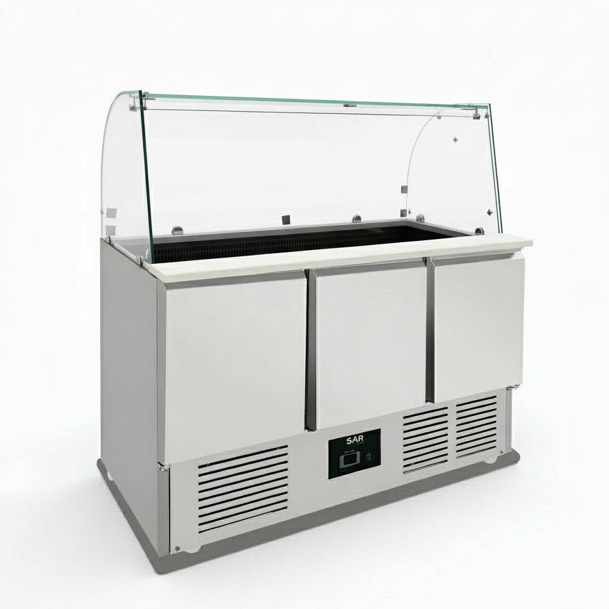 KRD Commercial Saladette Fridge Glass top 3 doors made of stainless steel for commercial kitchen equipment and catering.