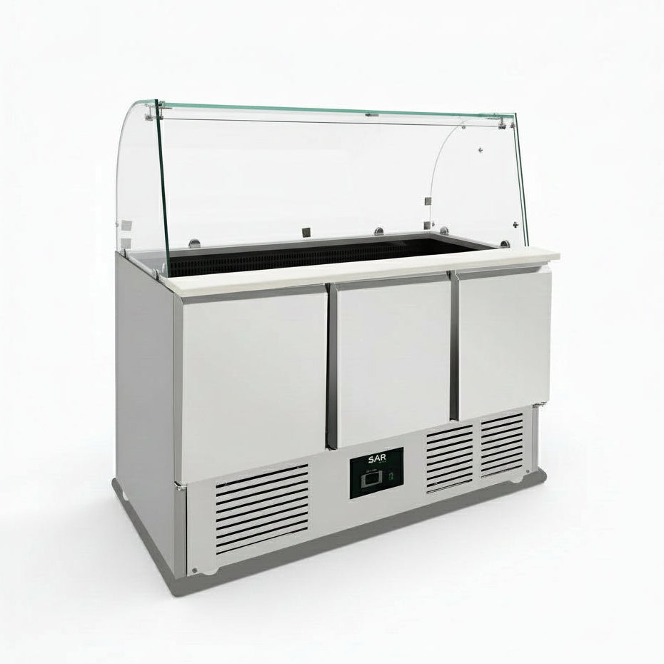KRD Commercial Saladette Fridge Glass top 3 doors made of stainless steel for commercial kitchen equipment and catering.