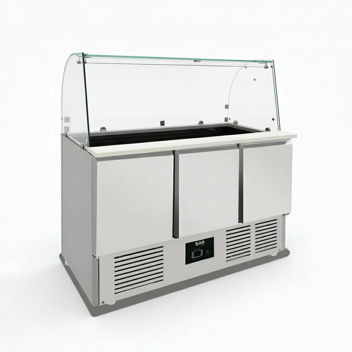 KRD Commercial Saladette Fridge Glass top 3 doors made of stainless steel for commercial kitchen equipment and catering.