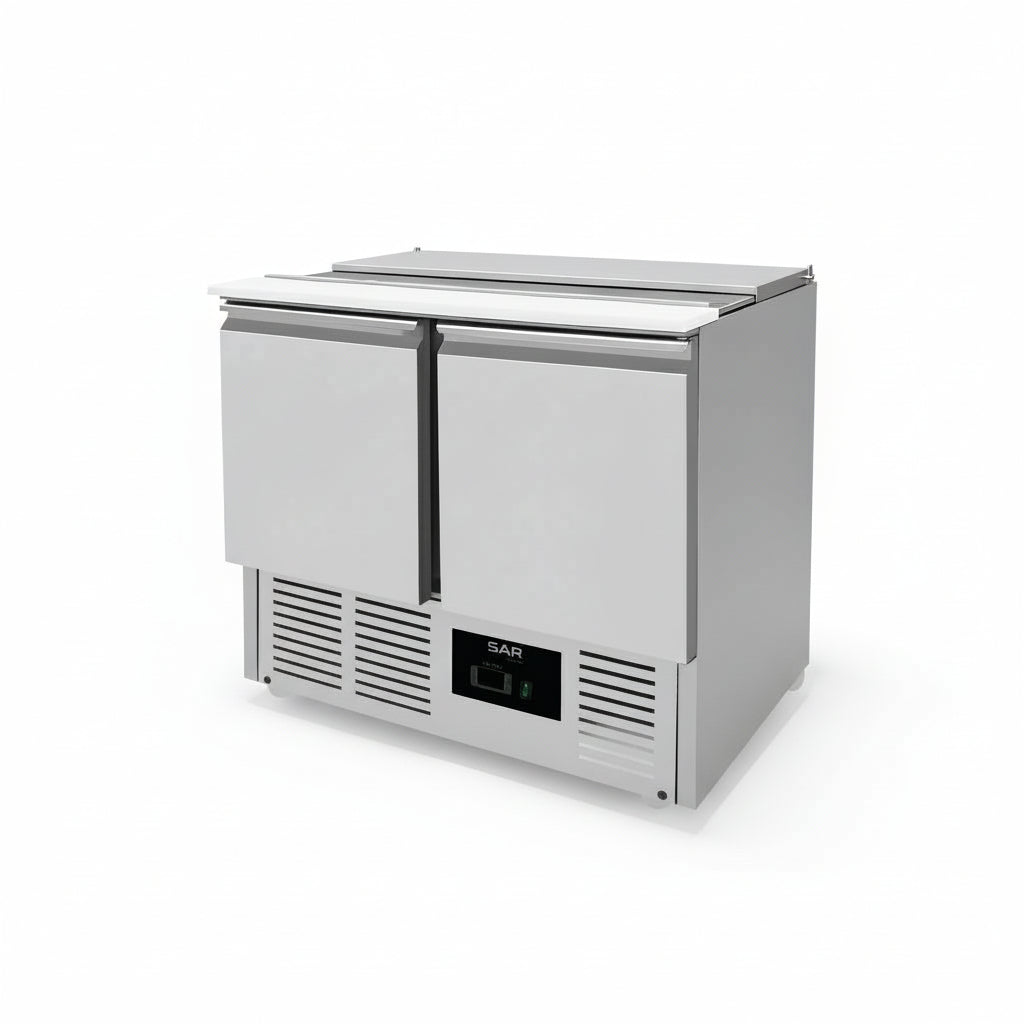 KRD 2 Door Saladette Counter Fridge with chopping board 240L, stainless steel commercial fridge for restaurant kitchen.