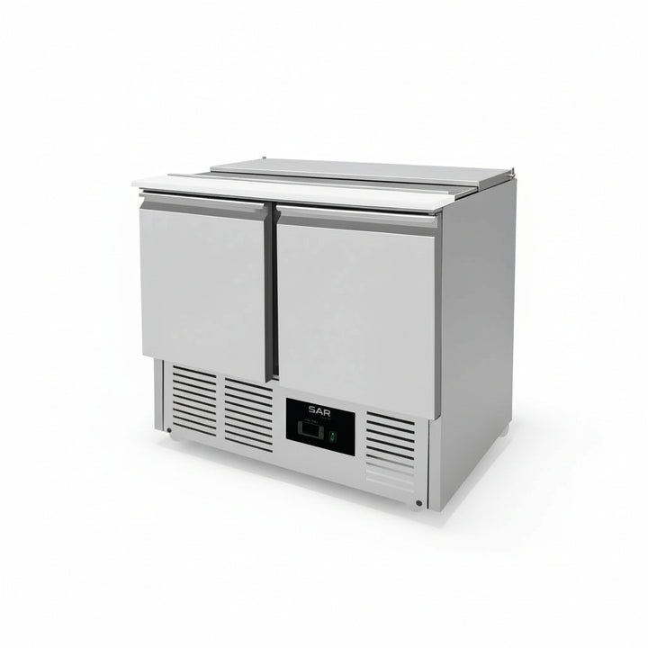 KRD 2 Door Saladette Counter Fridge with chopping board 240L, stainless steel commercial fridge for restaurant kitchen.
