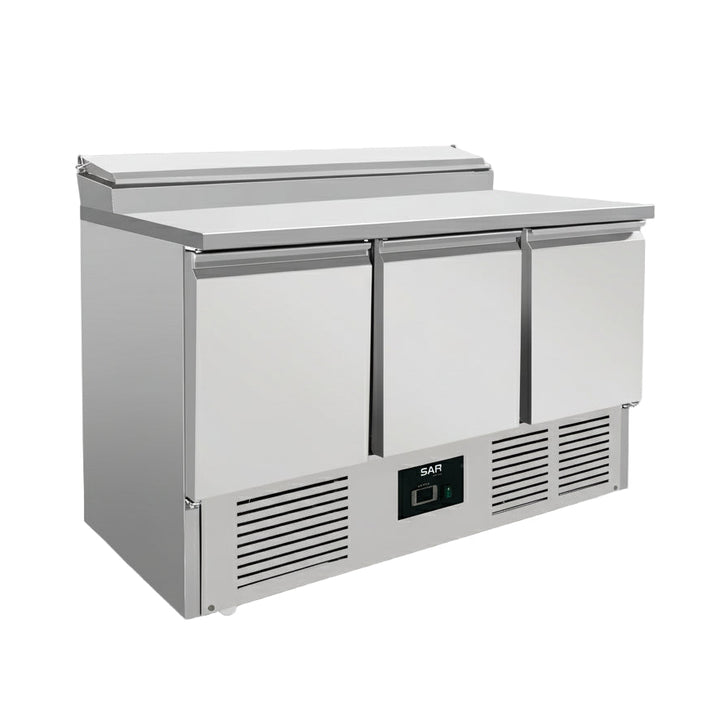 KRD Refrigerated Prep Table 3 doors Sandwich top 8xGN1/6, stainless steel commercial kitchen equipment for restaurants.
