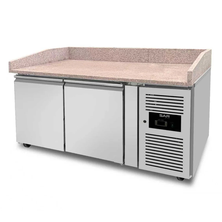 KRD Refrigerated Pizza & Bakery Counter 2 doors Granite top Depth 800mm with stainless steel body and granite surface, ideal for commercial kitchens.