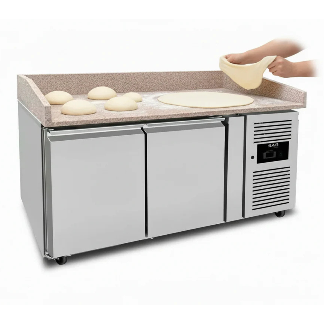 KRD Refrigerated Pizza & Bakery Counter 2 doors Granite top Depth 800mm with stainless steel body and dough prep area.