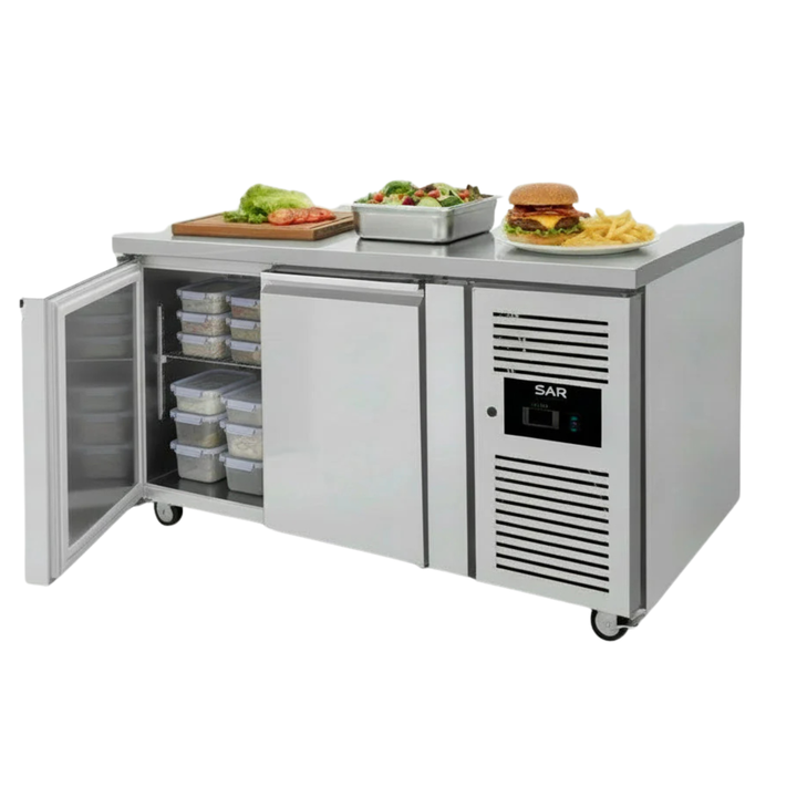 KRD Commercial Refrigerated Counter 2 doors Depth 700mm, stainless steel, commercial fridge with two self-closing doors and internal lighting.
