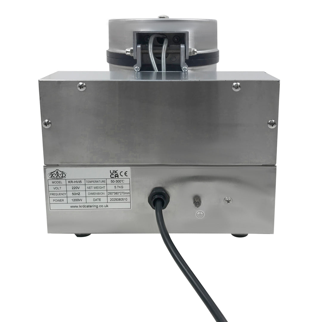Back view of KRD Heavy Duty 1-Plate 5-heart electric waffle machine 1200W KR-HW5 showcasing stainless steel finish and power connection.